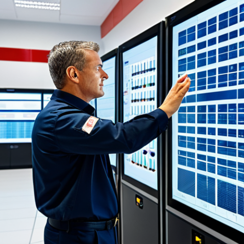 Home 19 A professional fire safety engineer, fully clothed in a modest and appropriate uniform, stands confidently in a modern, well-lit smart building control room. The engineer is interacting with a large, clean digital display that shows complex real-time data from IoT fire sensors and AI-predicted risk zones. The background features sleek server racks with subtle indicator lights, suggesting advanced data processing. The image emphasizes the seamless integration of human expertise with cutting-edge technology. Perfect anatomy, correct proportions, natural pose, well-formed hands, proper finger count, natural body proportions, professional photography, high quality, safe for work, appropriate content, family-friendly.
