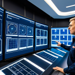 A highly skilled professional fire safety expert in a modest dark blue professional uniform, standing confidently in a futuristic smart building control center. The expert is observing multiple large interactive digital displays showcasing intricate real-time IoT sensor data, comprehensive building schematics, and AI-driven risk assessments. The control center is modern, well-lit, and features advanced technology. The pose is natural and professional. perfect anatomy, correct proportions, well-formed hands, proper finger count, natural body proportions, professional photography, cinematic lighting, high-resolution, sharp focus, safe for work, appropriate content, fully clothed, professional dress, modest clothing, family-friendly.
