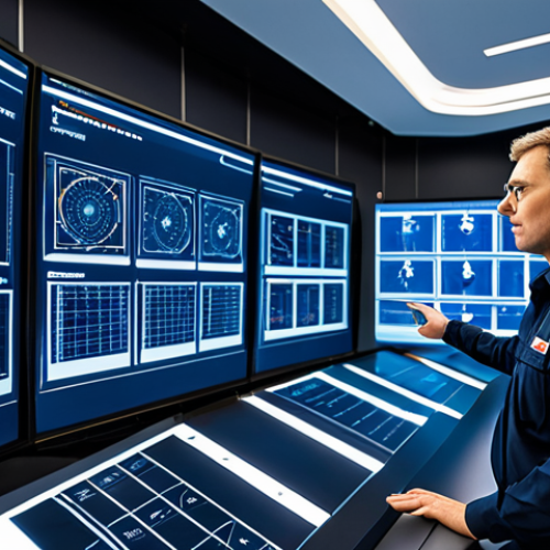 Home 18 A highly skilled professional fire safety expert in a modest dark blue professional uniform, standing confidently in a futuristic smart building control center. The expert is observing multiple large interactive digital displays showcasing intricate real-time IoT sensor data, comprehensive building schematics, and AI-driven risk assessments. The control center is modern, well-lit, and features advanced technology. The pose is natural and professional. perfect anatomy, correct proportions, well-formed hands, proper finger count, natural body proportions, professional photography, cinematic lighting, high-resolution, sharp focus, safe for work, appropriate content, fully clothed, professional dress, modest clothing, family-friendly.