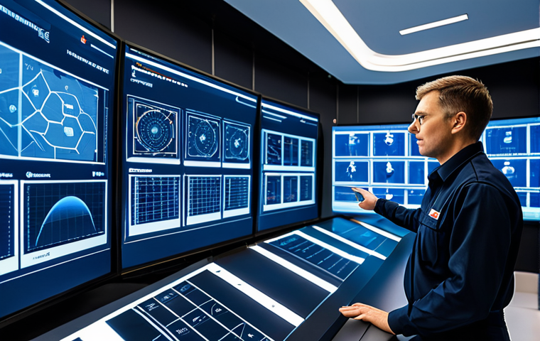 A highly skilled professional fire safety expert in a modest dark blue professional uniform, standing confidently in a futuristic smart building control center. The expert is observing multiple large interactive digital displays showcasing intricate real-time IoT sensor data, comprehensive building schematics, and AI-driven risk assessments. The control center is modern, well-lit, and features advanced technology. The pose is natural and professional. perfect anatomy, correct proportions, well-formed hands, proper finger count, natural body proportions, professional photography, cinematic lighting, high-resolution, sharp focus, safe for work, appropriate content, fully clothed, professional dress, modest clothing, family-friendly.