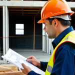 **

A professional fire safety engineer, fully clothed in appropriate attire, is reviewing blueprints on a construction site. Background includes building under construction with various safety signs visible. The engineer is wearing a hard hat and safety vest. The scene is bright and shows a bustling work environment. Safe for work, appropriate content, perfect anatomy, natural proportions, professional, modest, family-friendly, well-formed hands, proper finger count, natural body proportions.

**