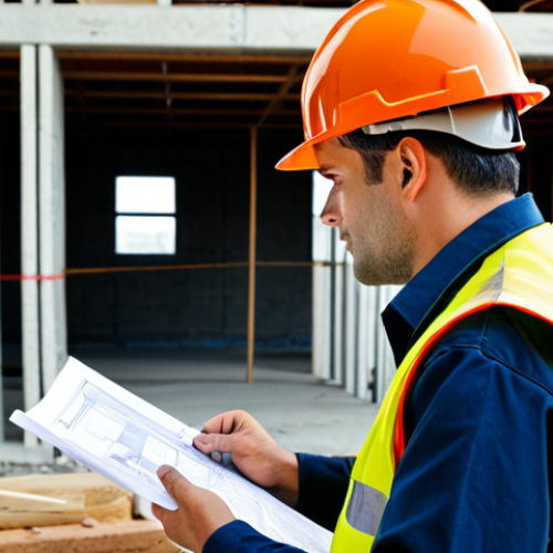 Home 17 **
A professional fire safety engineer, fully clothed in appropriate attire, is reviewing blueprints on a construction site. Background includes building under construction with various safety signs visible. The engineer is wearing a hard hat and safety vest. The scene is bright and shows a bustling work environment. Safe for work, appropriate content, perfect anatomy, natural proportions, professional, modest, family-friendly, well-formed hands, proper finger count, natural body proportions.
**